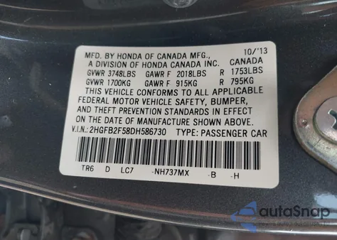 2013 Honda Civic Lx z USA, uszkodzony, nr VIN 2HGFB2F58DH586730